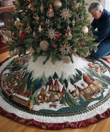 Tinsel Town Village Scene Tree Skirt - Custom Handmade Made-To-Order Christmas Tree Skirt With Scenic Holiday Print And Cozy Trim