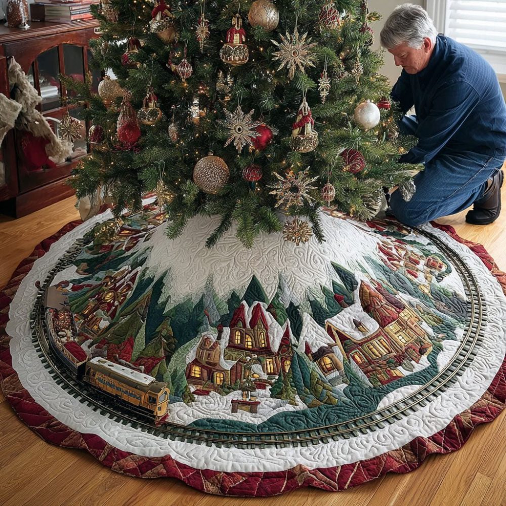 Tinsel Town Village Scene Tree Skirt - Custom Handmade Made-To-Order Christmas Tree Skirt With Scenic Holiday Print And Cozy Trim