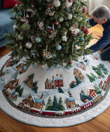Tinsel Track Express Train Tree Skirt - Handmade Custom Made-To-Order Christmas Tree Skirt With Train Design, Durable Lining, Great For Family Trees