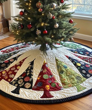 Tinsel Tree Whimsy Holiday Skirt - Custom Handmade Made-To-Order Christmas Tree Skirt With Playful Tinsel Motif And Soft Backing, Perfect Gift