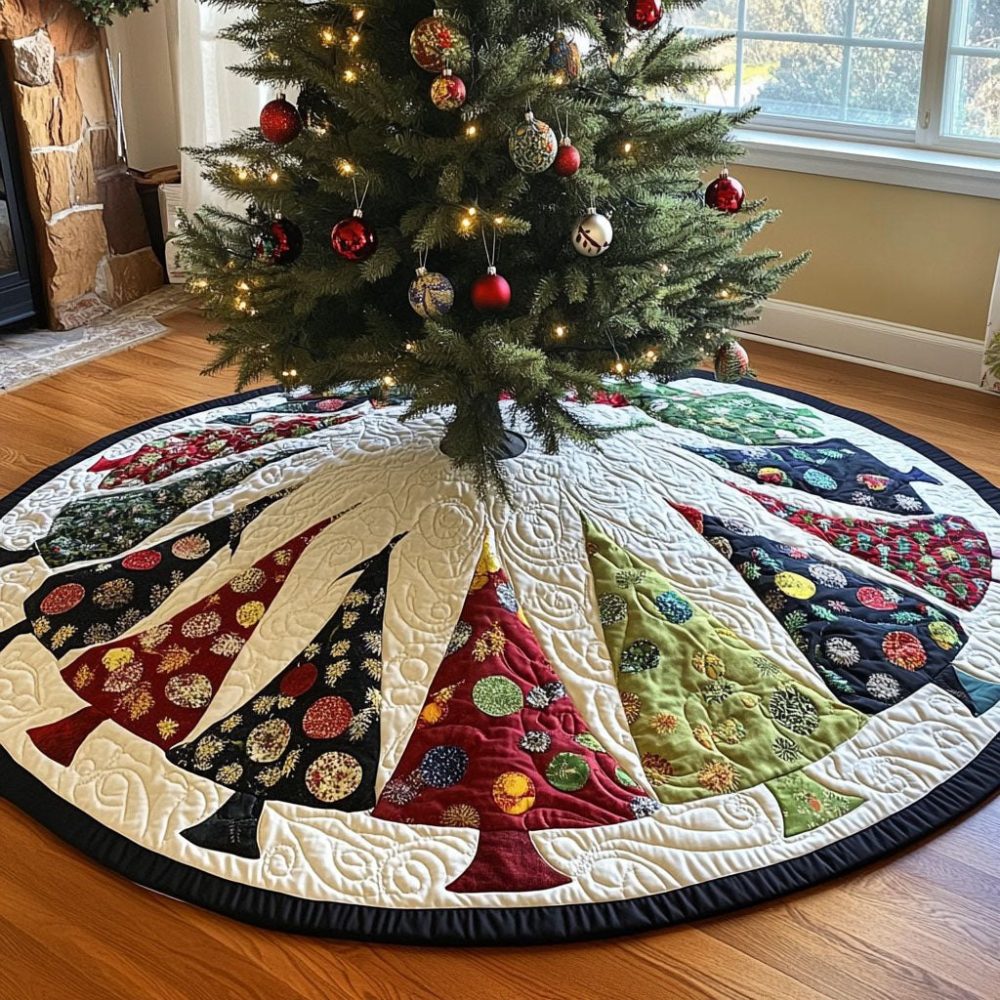 Tinsel Tree Whimsy Holiday Skirt - Custom Handmade Made-To-Order Christmas Tree Skirt With Playful Tinsel Motif And Soft Backing, Perfect Gift