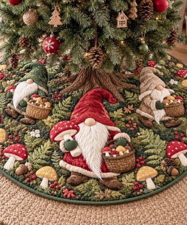 Toadstool Gnome Christmas Tree Skirt — Handsewn Gnome & Mushroom Holiday Base Cover, Custom Sizes For Cozy Decor