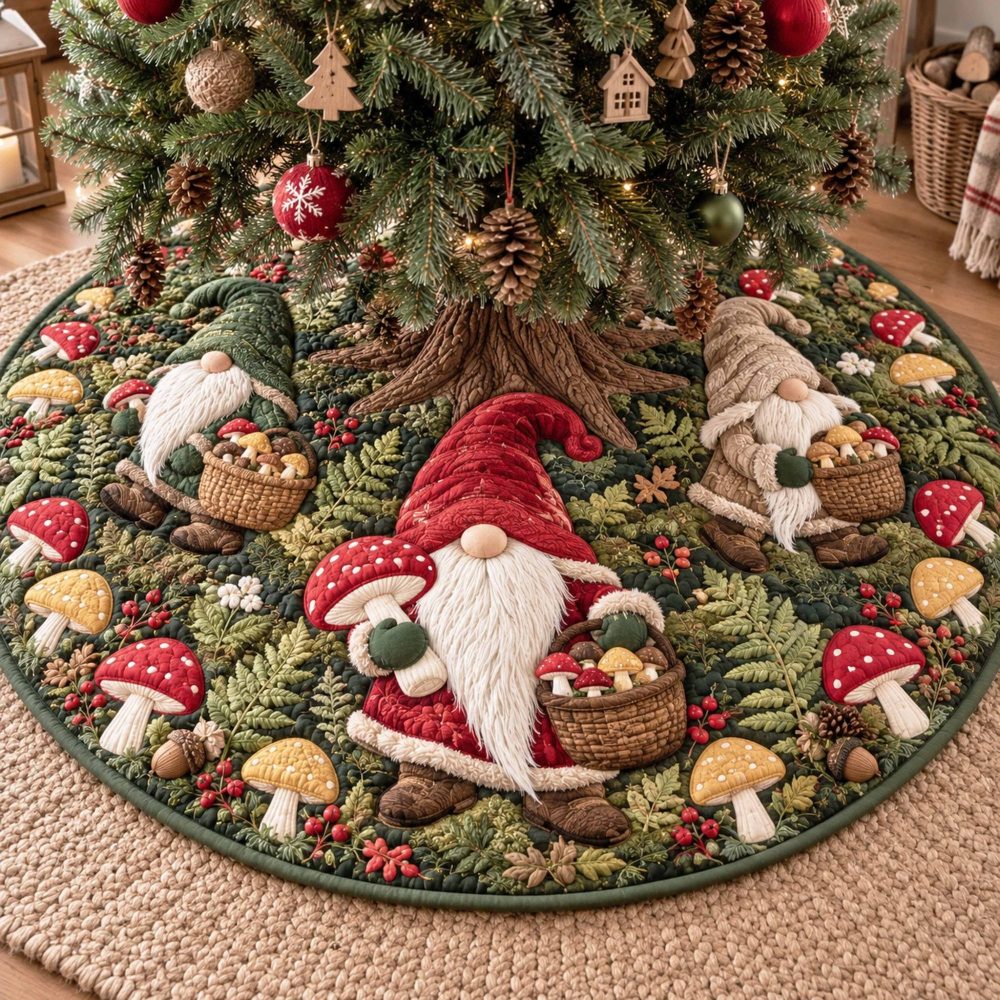 Toadstool Gnome Christmas Tree Skirt — Handsewn Gnome & Mushroom Holiday Base Cover, Custom Sizes For Cozy Decor