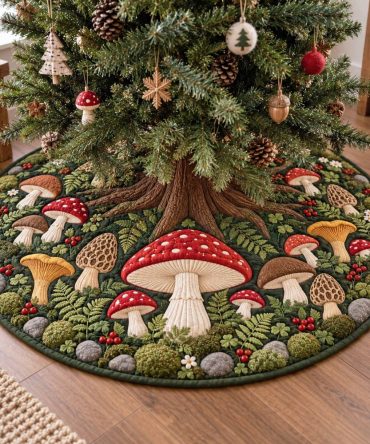 Toadstool Ring Festive Tree Skirt — Cute Mushroom Motif Holiday Base Cover, Soft Felt Finish And Custom Sizing Options