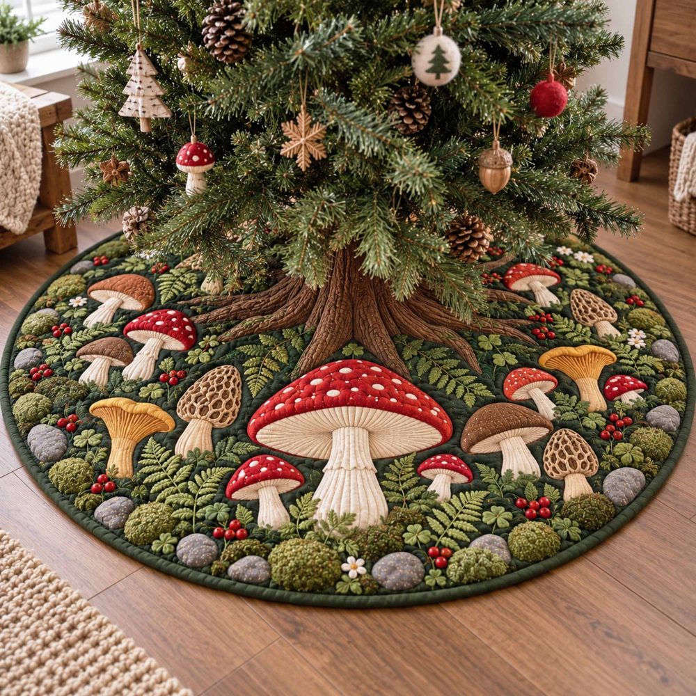 Toadstool Ring Festive Tree Skirt — Cute Mushroom Motif Holiday Base Cover, Soft Felt Finish And Custom Sizing Options