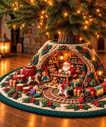 Toy Workshop Christmas Tree Skirt - Handcrafted Custom Tree Skirt Featuring Vintage Toy & Workshop Scene, Perfect Gift Wrap Base