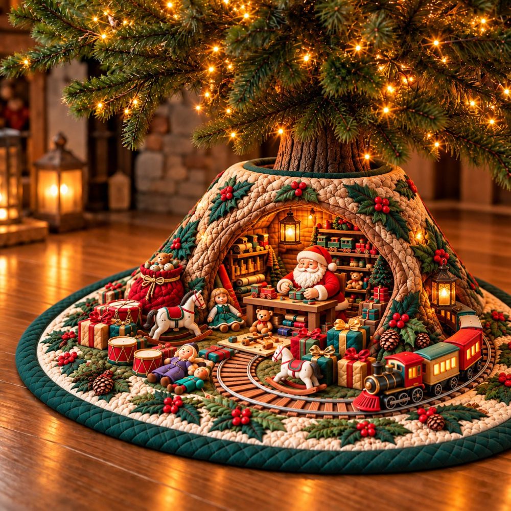Toy Workshop Christmas Tree Skirt - Handcrafted Custom Tree Skirt Featuring Vintage Toy & Workshop Scene, Perfect Gift Wrap Base