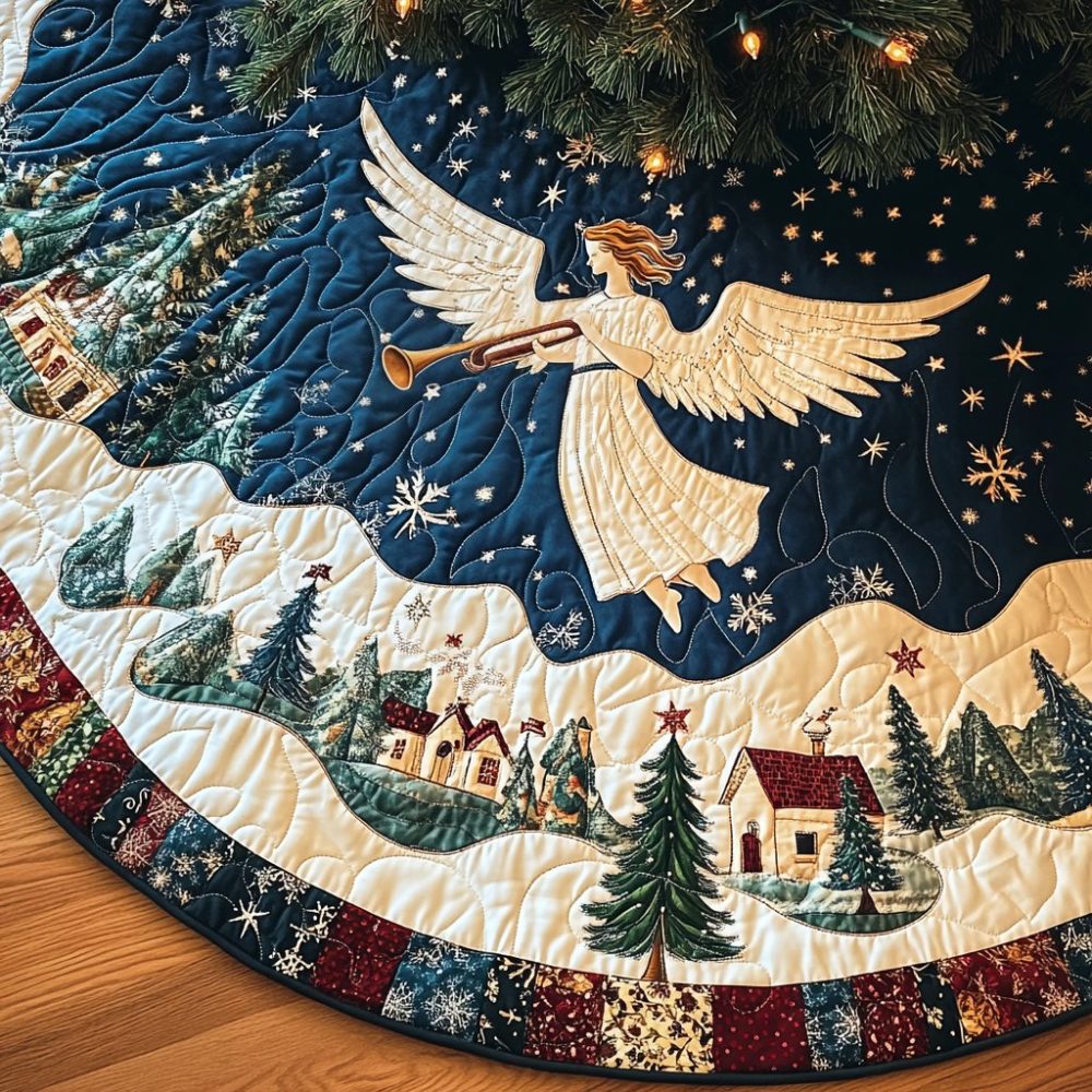 Elegant 'Trumpet Herald' Custom Christmas Tree Skirt — Made-To-Order Premium Fabric, Fully Lined, Multiple Sizes & Color Options
