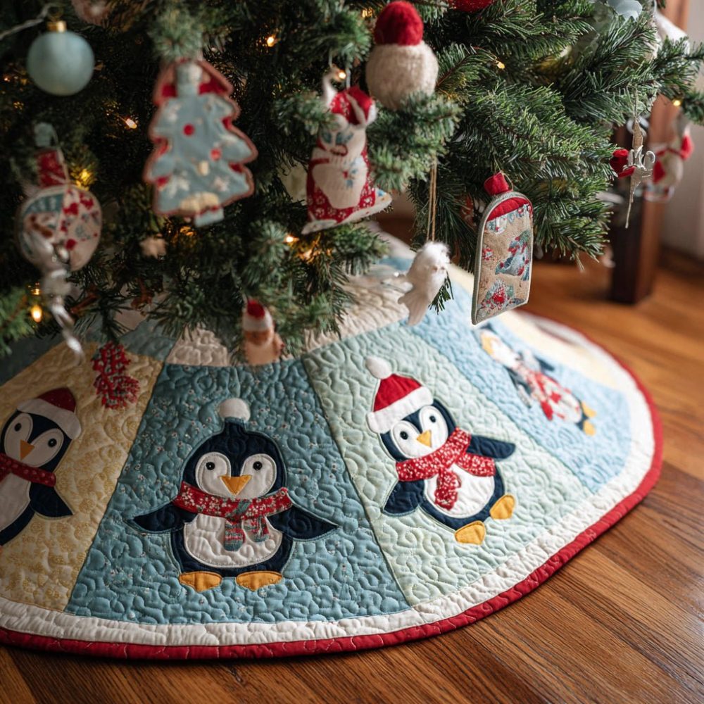 Tundra Penguin Christmas Tree Skirt - Adorable Penguin Holiday Skirt, Custom Made-To-Order Plush Base, Winter Wonderland Decorations