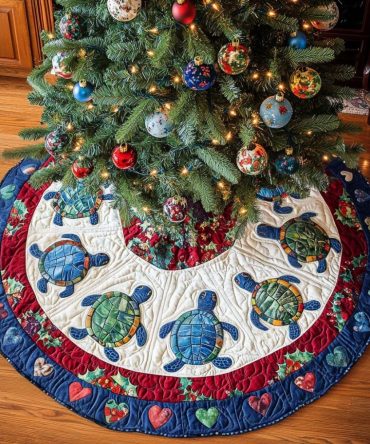 Turtle Delight Holiday Tree Skirt - Delightful Sea Turtle Design, Custom Velvet Christmas Skirt Made-To-Order For Coastal Homes