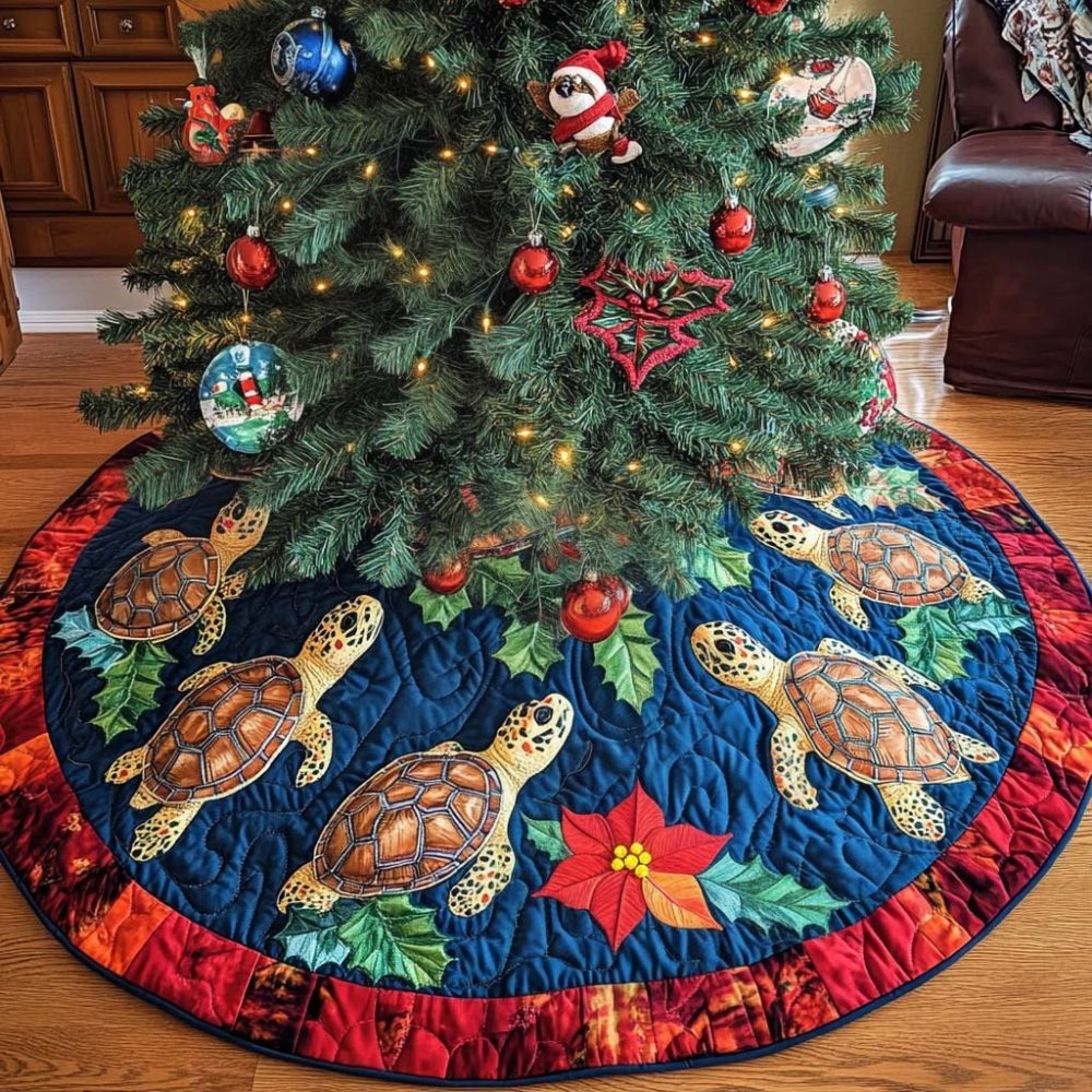 Turtle Journey Christmas Tree Skirt - Nautical Sea Turtle Holiday Skirt, Custom Plush Made-To-Order Base With Ocean Motifs