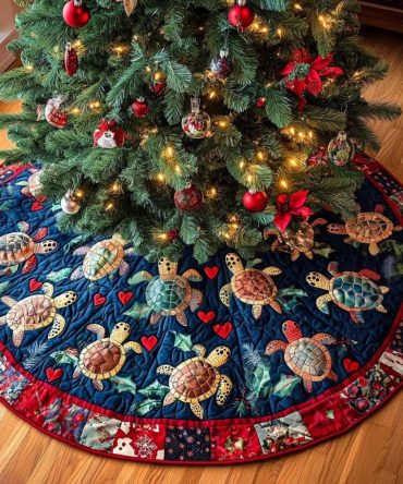Turtle Joy Christmas Tree Skirt - Cheerful Sea Turtle Holiday Skirt, Custom Made-To-Order Plush Base For Beach & Ocean Theme Decor