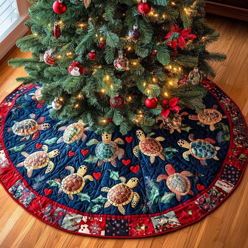 Turtle Joy Christmas Tree Skirt - Cheerful Sea Turtle Holiday Skirt, Custom Made-To-Order Plush Base For Beach & Ocean Theme Decor