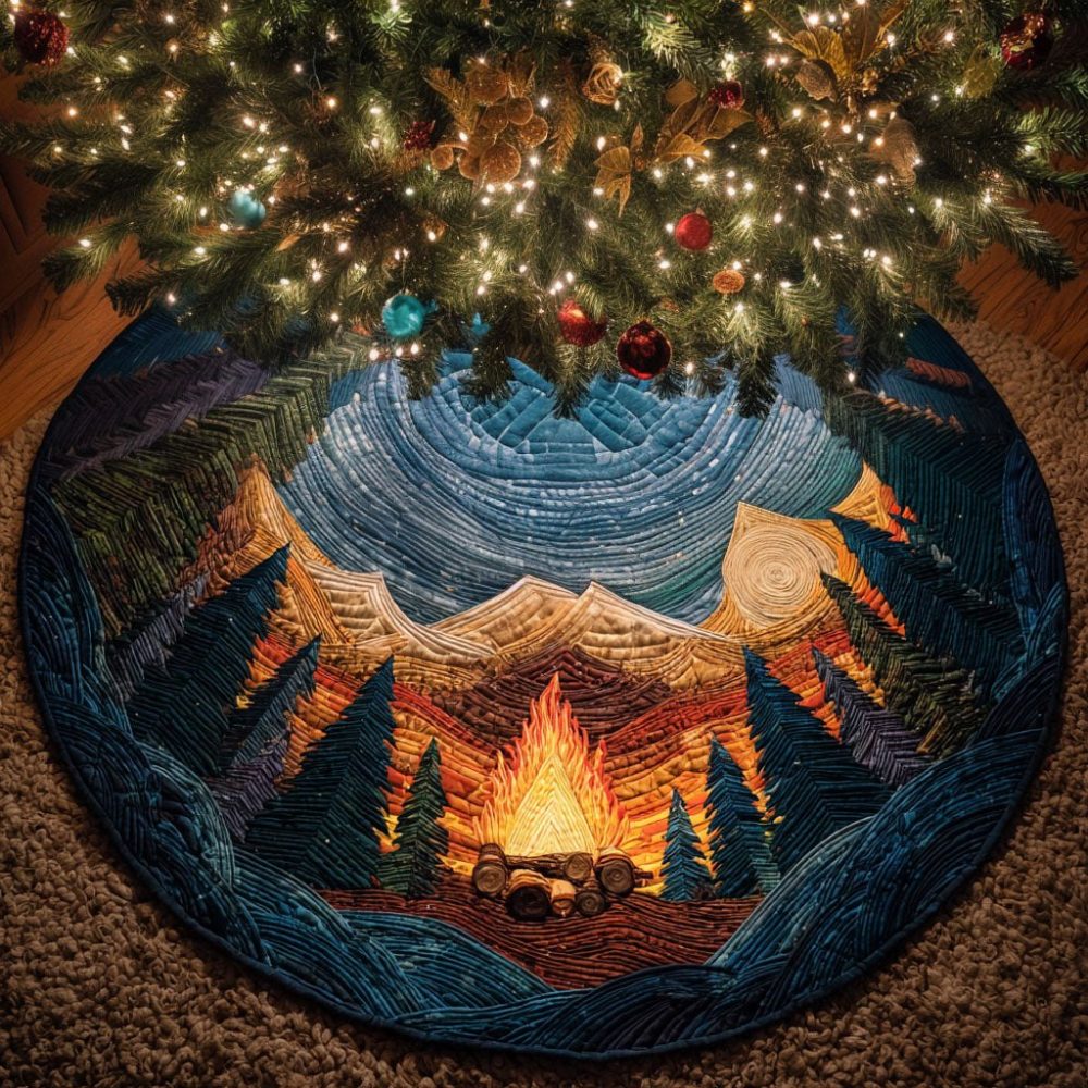 Twilight Peaks Mountain Christmas Tree Skirt - Custom Alpine Holiday Skirt, Made-To-Order Velvet With Embroidered Peaks & Stars
