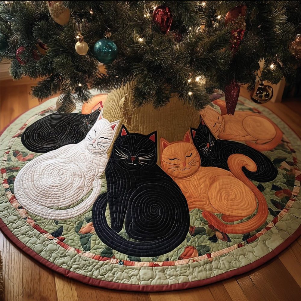 Curled Cats Patch Rim Christmas Tree Skirt - Cozy Pet-Themed Custom Skirt, Handcrafted Holiday Base In Soft Fleece & Velvet