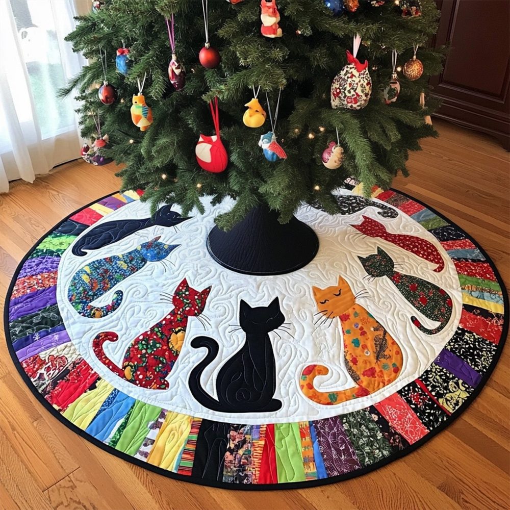 Rainbow Cat Silhouette Christmas Tree Skirt - Vibrant Band Of Cats, Custom-Made Holiday Skirt In Soft Plush For Cat Owners