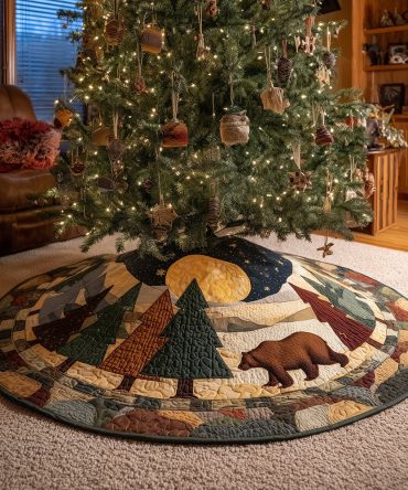 Twilight Timberland Christmas Tree Skirt - Rustic Woodland Holiday Tree Skirt, Custom Made-To-Order Velvet & Embroidered Pines