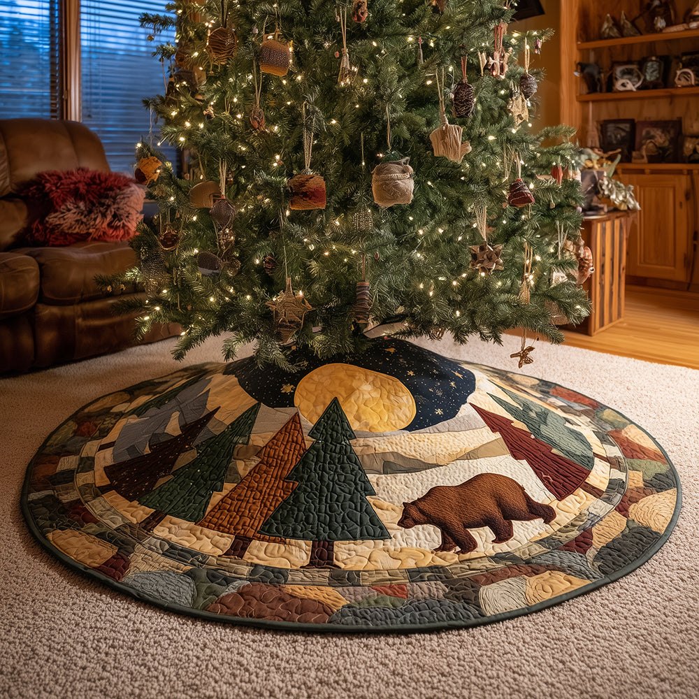 Twilight Timberland Christmas Tree Skirt - Rustic Woodland Holiday Tree Skirt, Custom Made-To-Order Velvet & Embroidered Pines