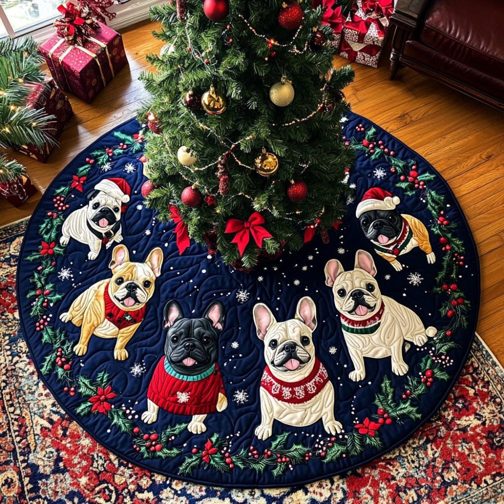 Twinkle Frenchie Led Christmas Tree Skirt - Custom Made-To-Order French Bulldog Holiday Skirt, Soft Velvet Decorative Base