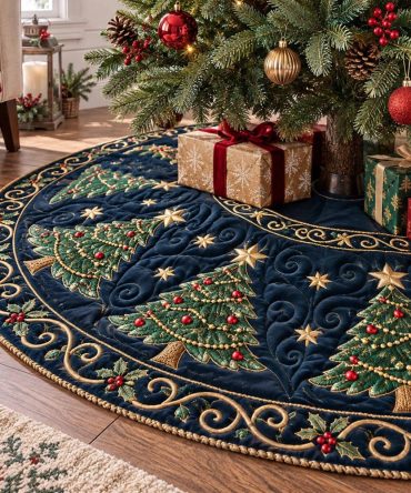 Twinkle Pine Led-Ready Christmas Tree Skirt - Custom Made Shimmering Pine Design With Sparkle Thread & Soft Velvet Backing