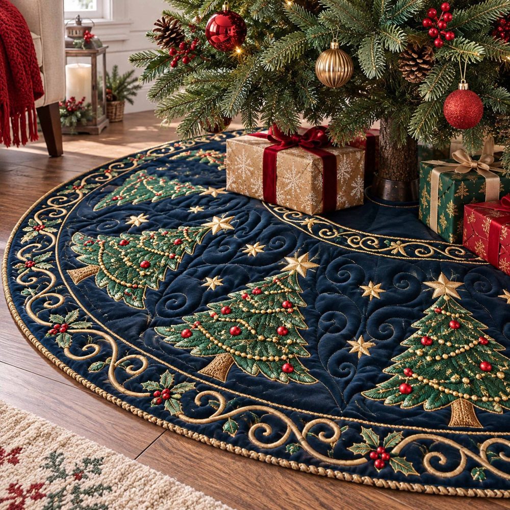Twinkle Pine Led-Ready Christmas Tree Skirt - Custom Made Shimmering Pine Design With Sparkle Thread & Soft Velvet Backing