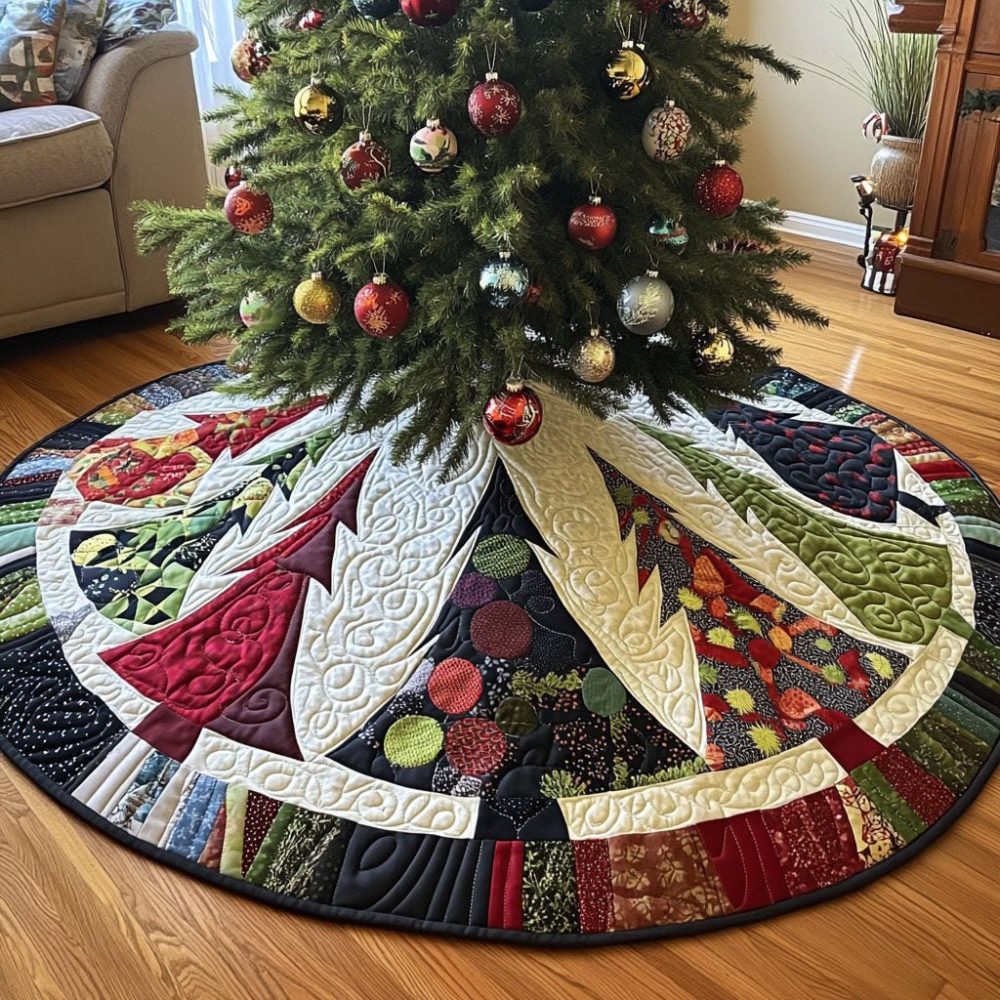 Twinkling Pine Festivity Christmas Tree Skirt – Custom Evergreen & Pinecone Holiday Tree Base Cover With Sparkle Trim