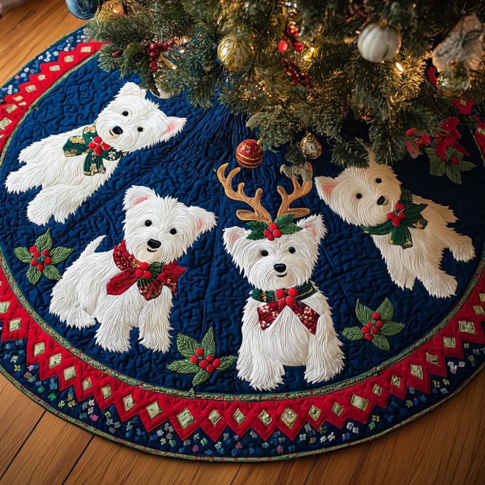 Twinkling Westie Night Christmas Tree Skirt – Custom West Highland White Terrier Holiday Tree Base Cover, Festive & Charming