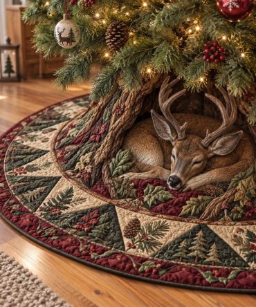 Under The Twinkling Evergreens Christmas Tree Skirt — Handcrafted Festive Evergreen Scene, Quilted Holiday Base, Custom-Sized Rustic Decor