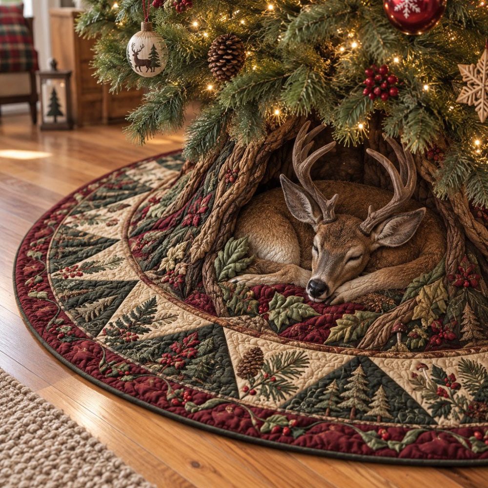 Under The Twinkling Evergreens Christmas Tree Skirt — Handcrafted Festive Evergreen Scene, Quilted Holiday Base, Custom-Sized Rustic Decor