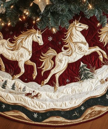 Enchanted Unicorns In Snow Christmas Tree Skirt – Custom Magical Holiday Tree Base Cover, Whimsical Winter Fantasy Décor