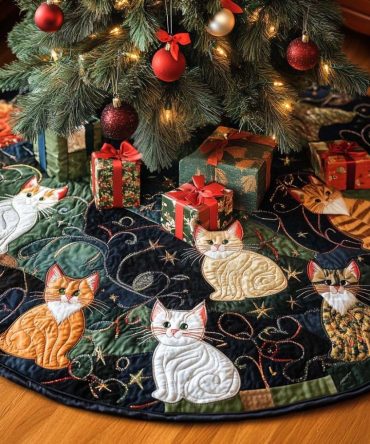 Navy Cats & Presents Christmas Tree Skirt – Custom Pet Lover Holiday Tree Base Cover With Festive Gift Motifs