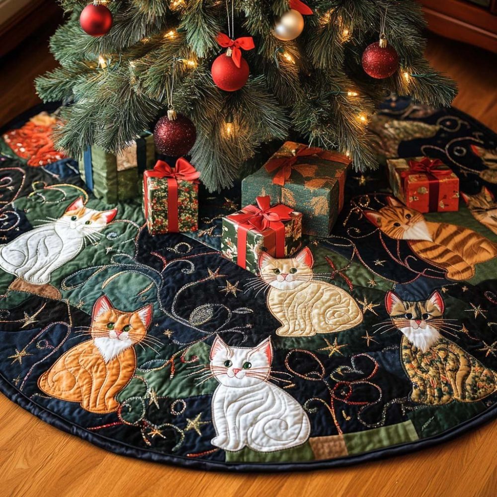 Navy Cats & Presents Christmas Tree Skirt – Custom Pet Lover Holiday Tree Base Cover With Festive Gift Motifs