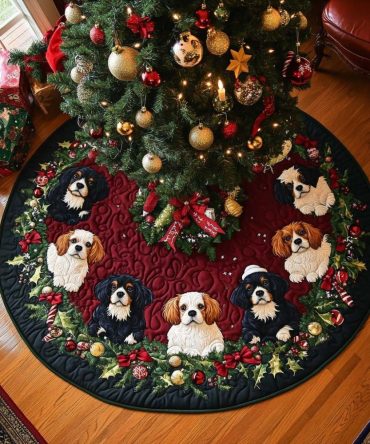 Holiday Bernese & Spaniels Wreath Tree Skirt – Custom Festive Dog Breed Christmas Tree Base Cover, Plush & Personalized