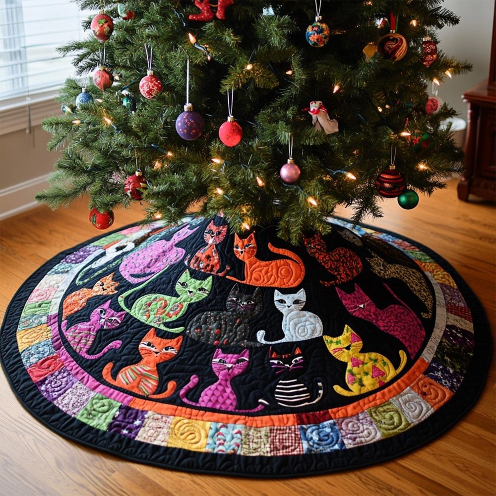 Colorful Rainbow Folk Cats On Ring Christmas Tree Skirt – Custom Boho Cat-Themed Holiday Tree Base Cover, Handmade