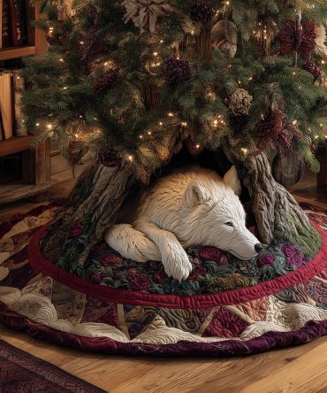 Rustic Wolf Rest Christmas Tree Skirt – Custom Woodland Holiday Tree Base Cover, Outdoor Lodge-Inspired Décor