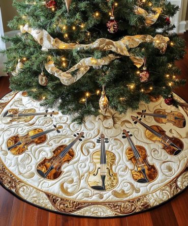 Violin Sonata Elegant Christmas Tree Skirt — Handmade Musical Instrument Holiday Skirt With Violin Motif, Custom Sizes & Luxury Fabrics