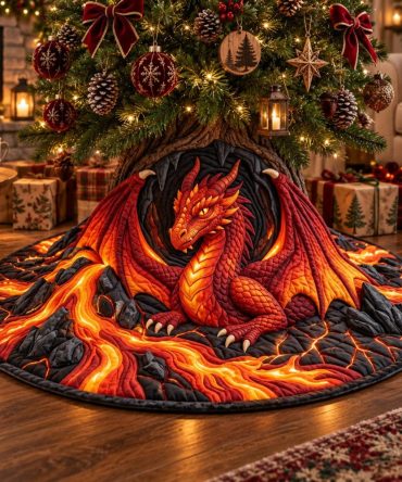 Volcanic Dragon Limited-Edition Christmas Tree Skirt — Handcrafted Fiery Dragon Holiday Skirt, Custom Made-To-Order Sizes