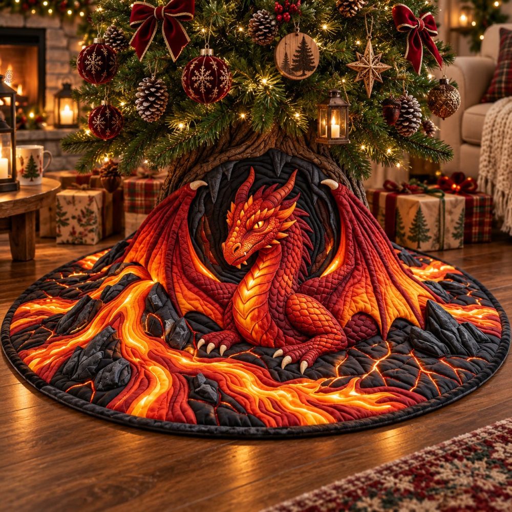 Volcanic Dragon Limited-Edition Christmas Tree Skirt — Handcrafted Fiery Dragon Holiday Skirt, Custom Made-To-Order Sizes
