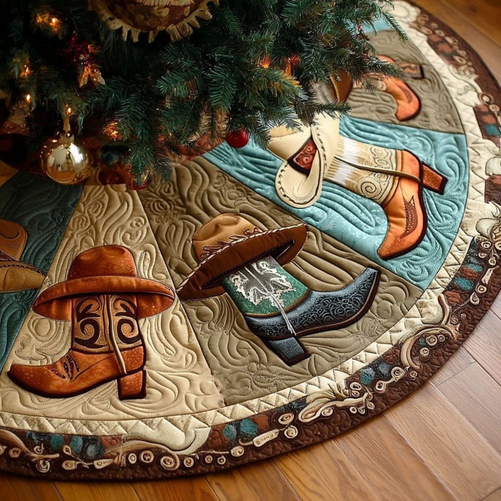 Western Charm Holiday Tree Skirt — Handmade Rustic Western Christmas Skirt With Horseshoe & Star Motifs, Custom Sizes & Fabrics