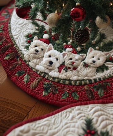 Westie Christmas Joy Tree Skirt — Handmade Joyful West Highland Terrier Holiday Skirt, Custom Fit & Fabric, Made To Order