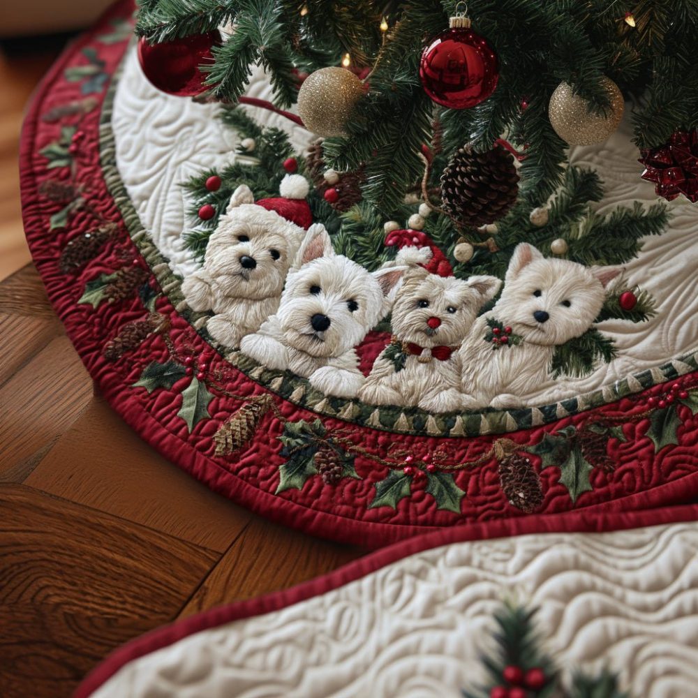 Westie Christmas Joy Tree Skirt — Handmade Joyful West Highland Terrier Holiday Skirt, Custom Fit & Fabric, Made To Order