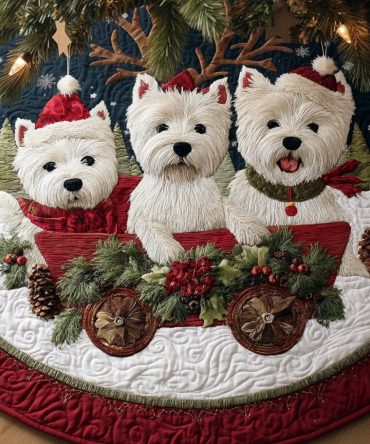 Westie Sleigh Ride Holiday Tree Skirt — Handmade West Highland Terrier Christmas Skirt, Custom Sizes For Dog-Loving Homes
