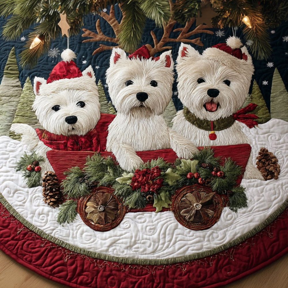 Westie Sleigh Ride Holiday Tree Skirt — Handmade West Highland Terrier Christmas Skirt, Custom Sizes For Dog-Loving Homes