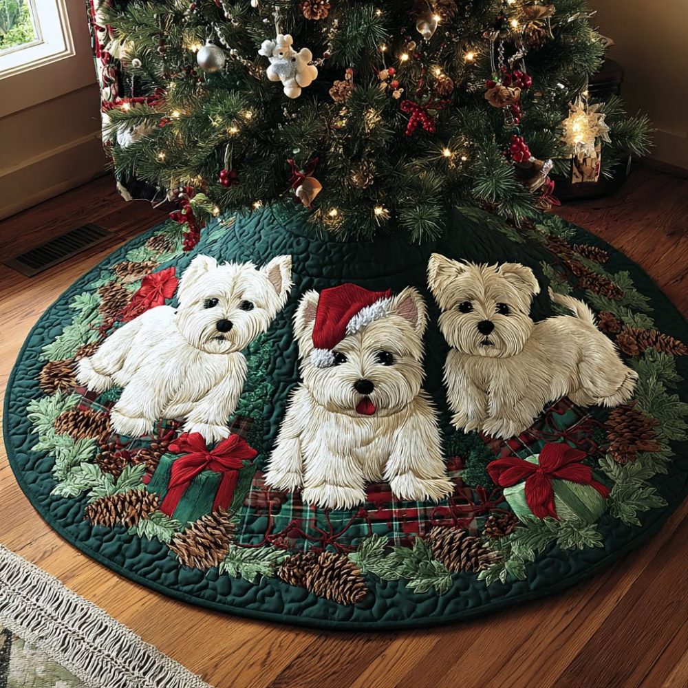 Westie Under The Tree Holiday Skirt — Handmade Personalized West Highland Terrier Christmas Tree Skirt, Custom Fabric & Size Options