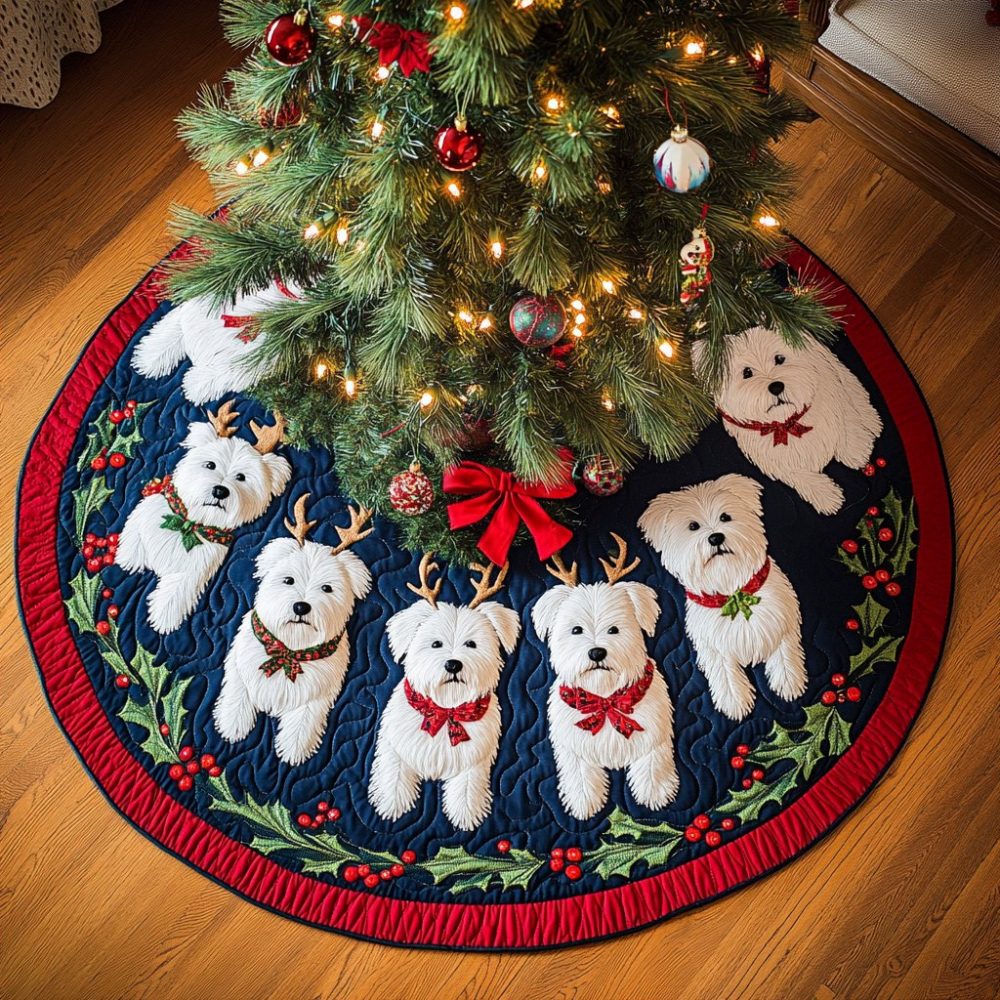 Westie Wonderland Cheer Tree Skirt — Custom Handmade West Highland Terrier Holiday Tree Skirt With Festive Dog Design, Made To Order