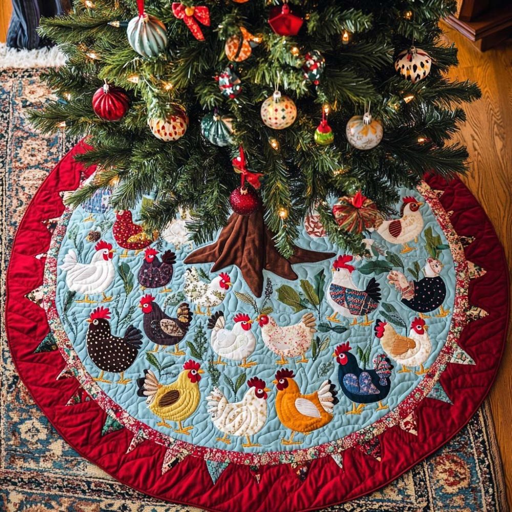 Playful Whimsical Clucks Holiday Tree Skirt — Handmade Chicken Motif Christmas Tree Skirt, Custom Sizes & Colors, Made To Order