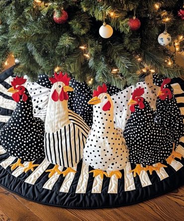 Charming Whimsical Hens Holiday Tree Skirt — Handmade Custom Farmhouse Christmas Tree Skirt With Playful Hen Artwork, Made To Order