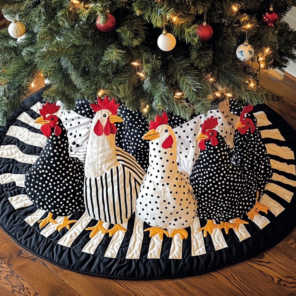 Charming Whimsical Hens Holiday Tree Skirt — Handmade Custom Farmhouse Christmas Tree Skirt With Playful Hen Artwork, Made To Order