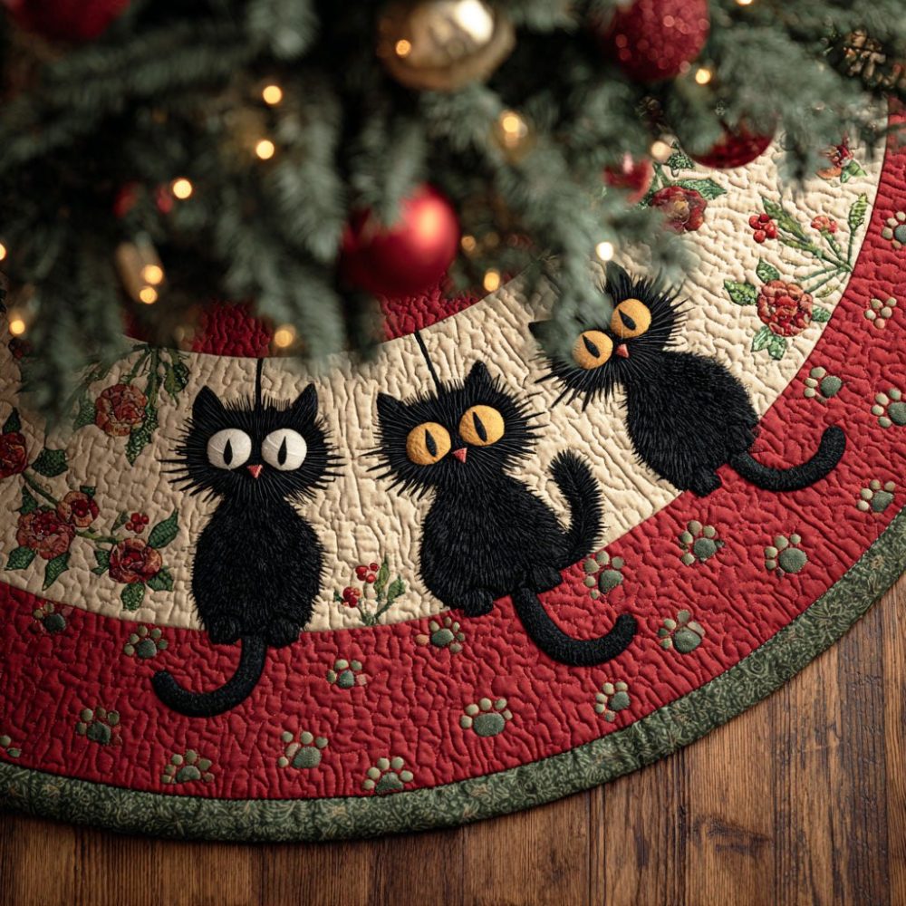 Whisker Prints Festive Tree Skirt – Bold Printed Cat Motif Christmas Tree Skirt, Custom Fabrics And Sizes For Whimsical Seasonal Flair