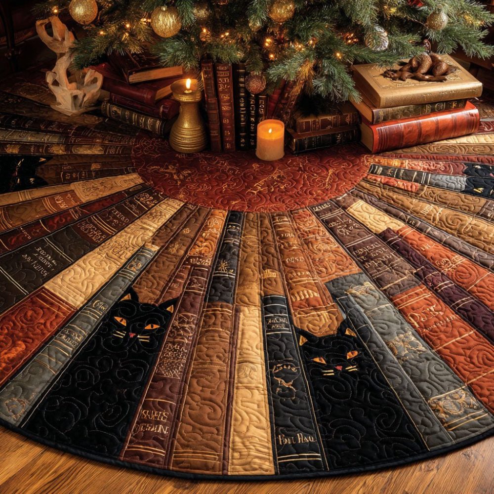 Whisker Shadows Holiday Tree Skirt – Subtle Silhouette Cat-Themed Christmas Tree Skirt, Handcrafted With Elegant Neutral Tones And Custom Sizing